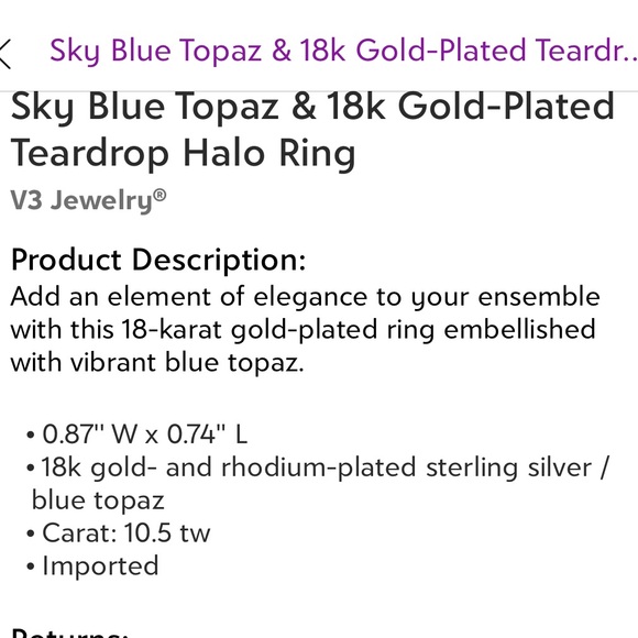 NWT Sky blue certified topaz 18k goldplated ring - Picture 4 of 13
